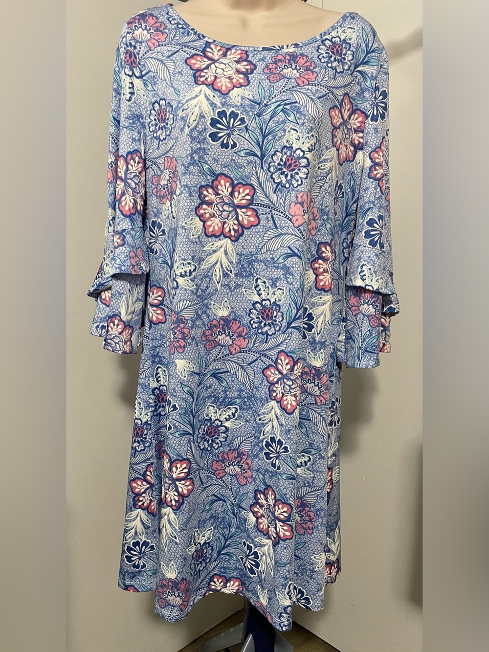 Ruby Rd. Blue Floral Midi Dress with Pink Accents